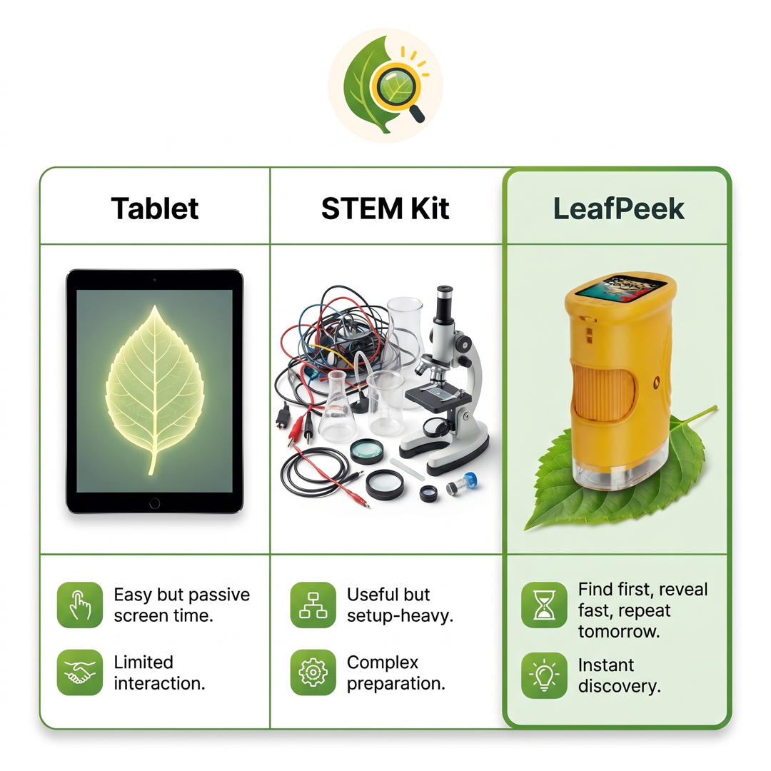 Comparativa visual de LeafPeek frente a tiempo de tablet, kits STEM genéricos y lupas