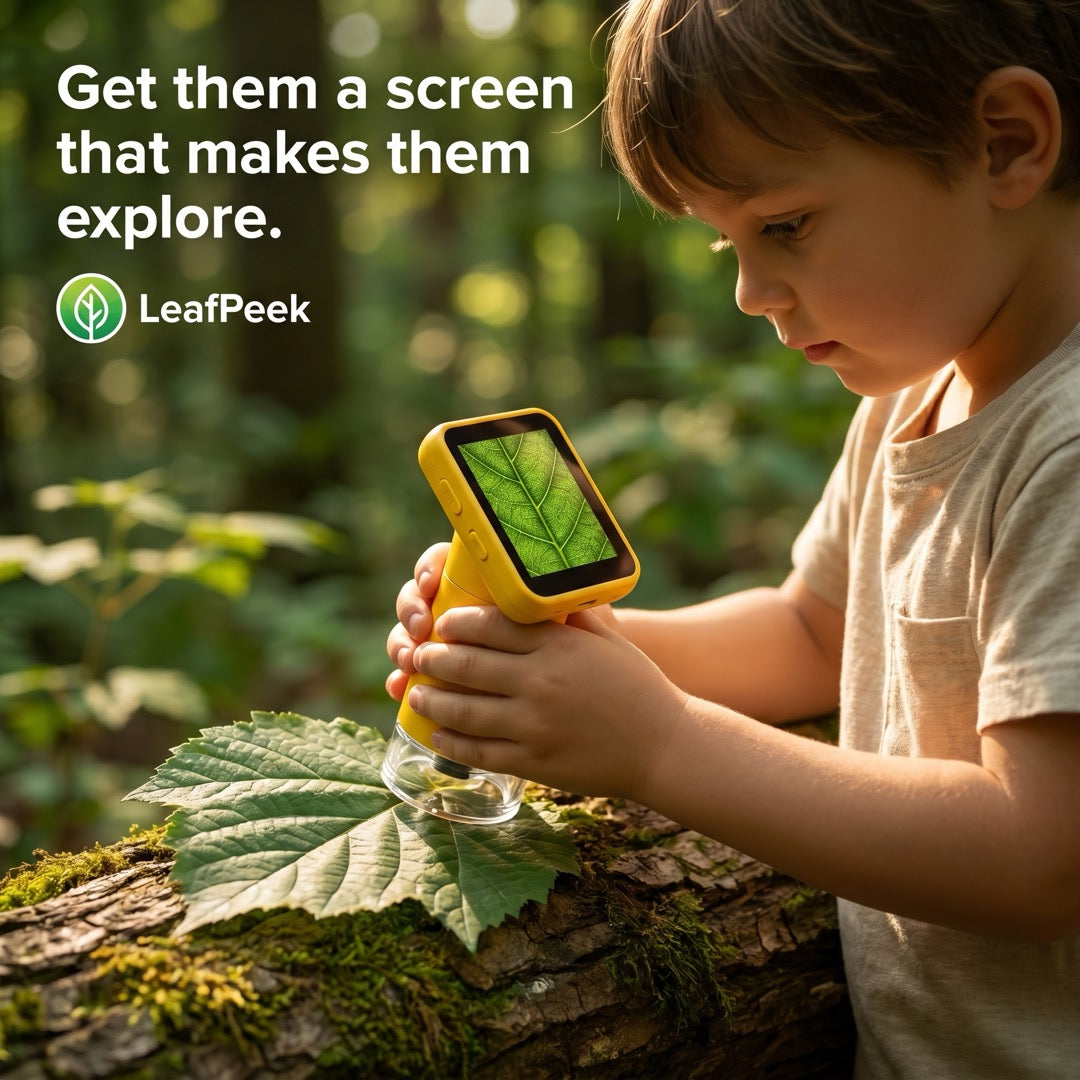 Niño usando LeafPeek al aire libre para observar un objeto natural seguro