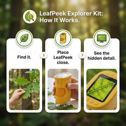 Infografía de tres pasos sobre cómo funciona LeafPeek