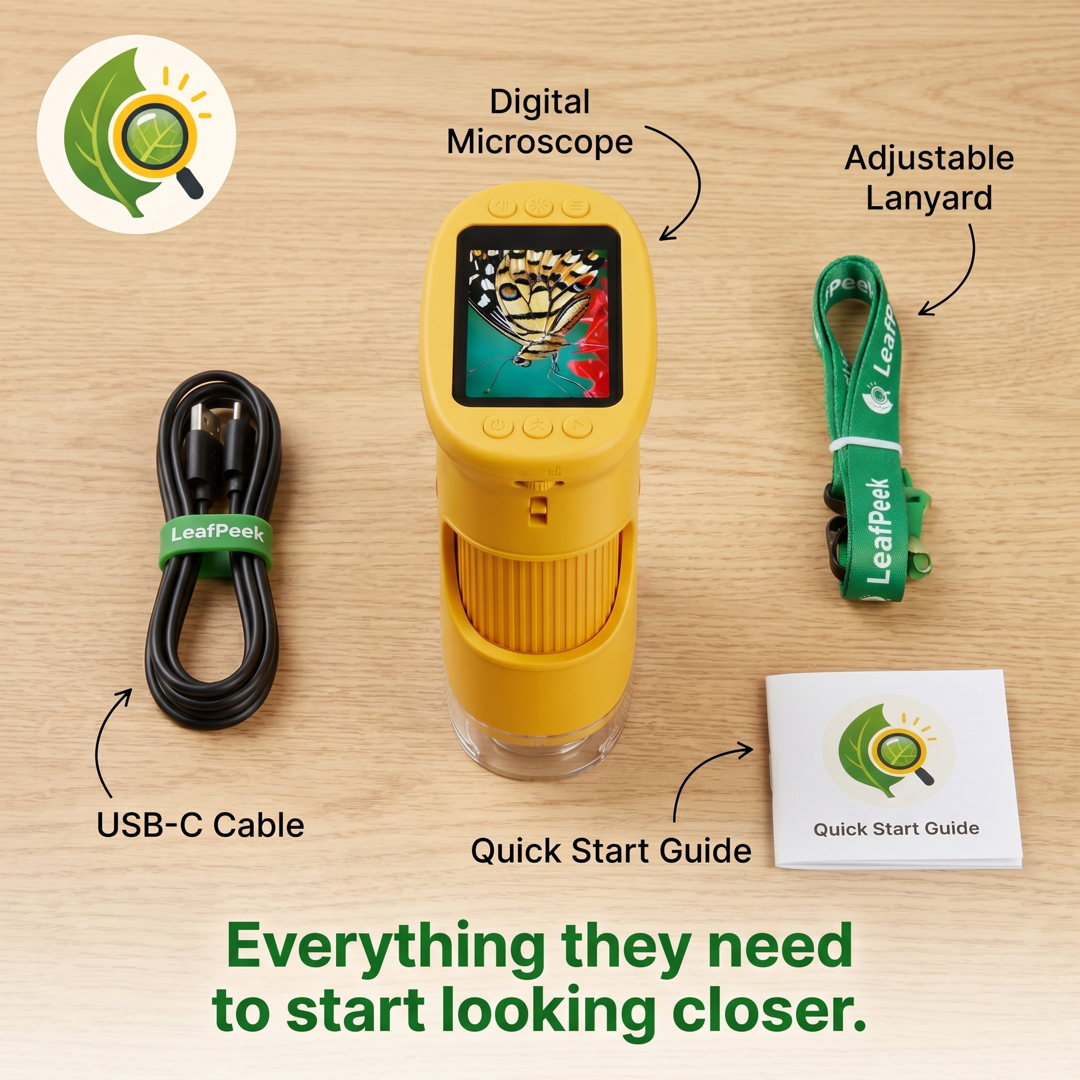 Contenido del kit LeafPeek organizado en plano cenital con elementos incluidos verificados